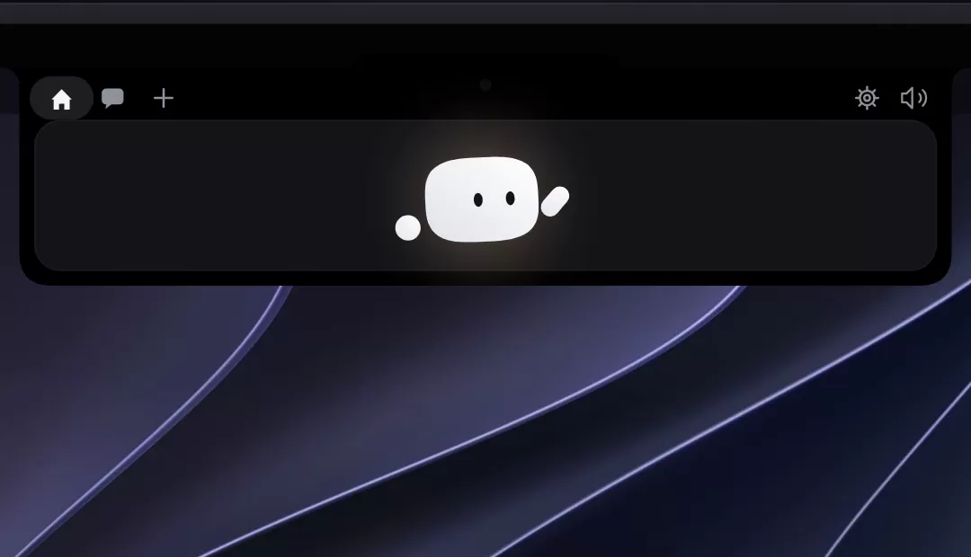 A small rounded character called Mochi sitting in the notch at the top of a MacBook screen, with a coding window open below