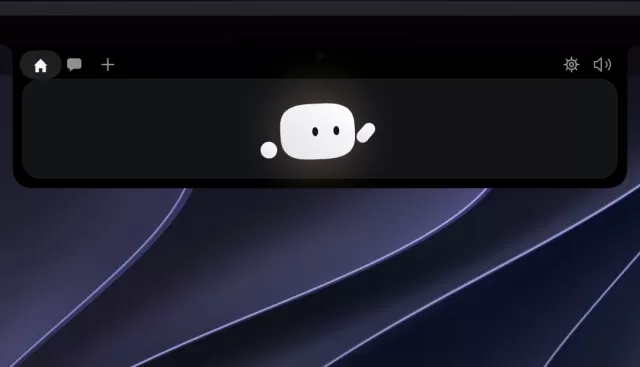 A small rounded character called Mochi sitting in the notch at the top of a MacBook screen, with a coding window open below