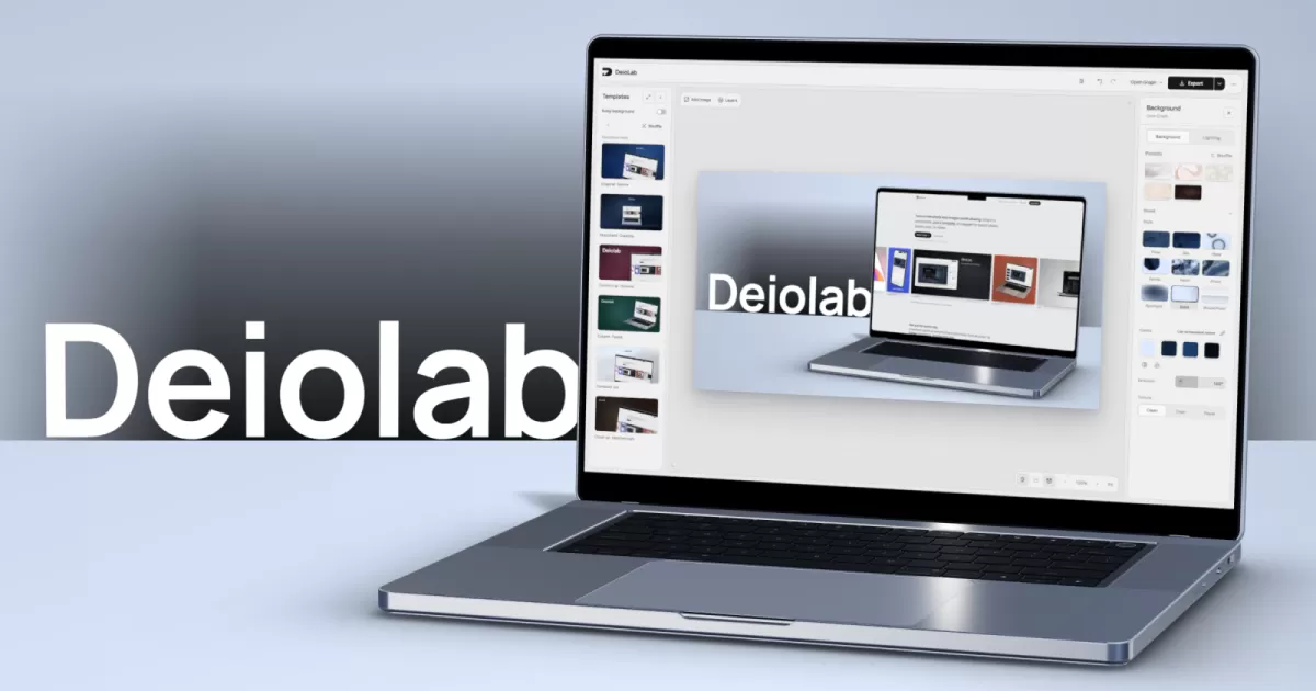 A screenshot displayed inside a laptop mockup on a colored gradient backdrop, shown in the DeioLab editor