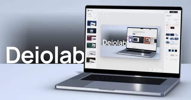 A screenshot displayed inside a laptop mockup on a colored gradient backdrop, shown in the DeioLab editor