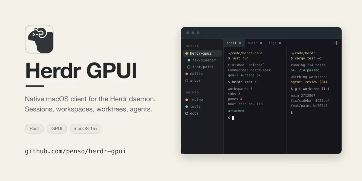 Desktop window showing a sidebar with workspaces, Git worktrees and agent status indicators beside a dense terminal pane
