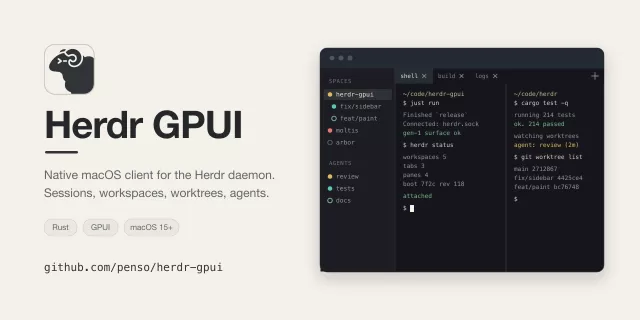 Desktop window showing a sidebar with workspaces, Git worktrees and agent status indicators beside a dense terminal pane