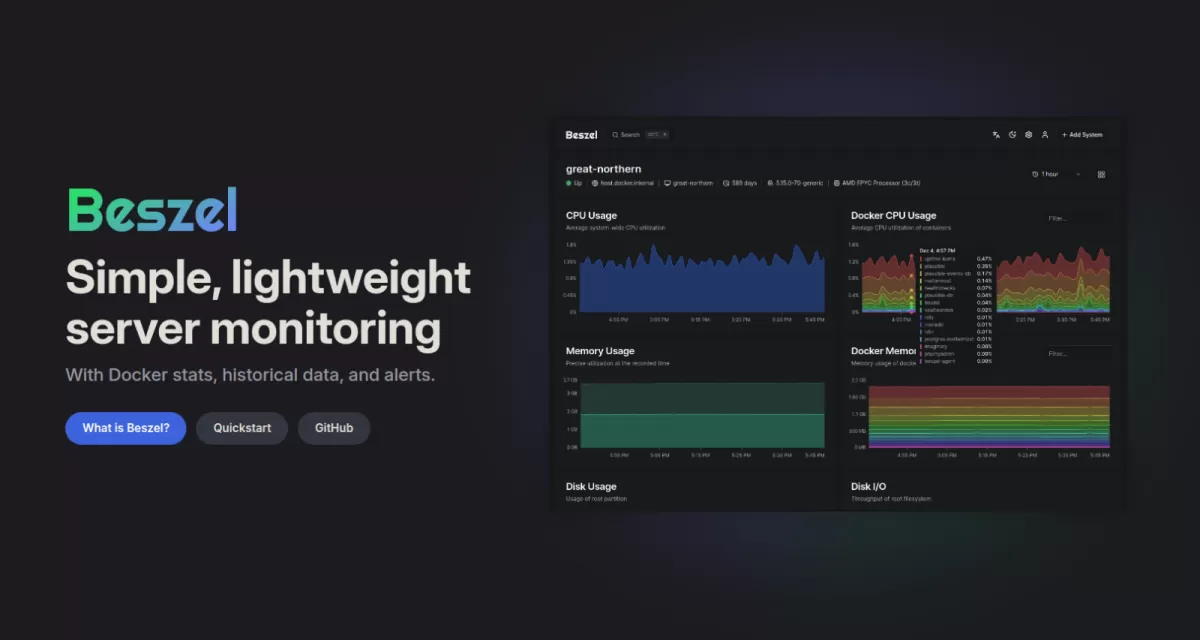 Illustration of a server monitoring dashboard showing CPU, memory and container metrics