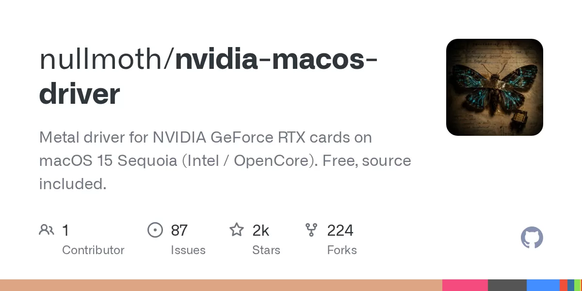 Screenshot of the GitHub repository page for the nvidia-macos-driver project, showing its description and file list