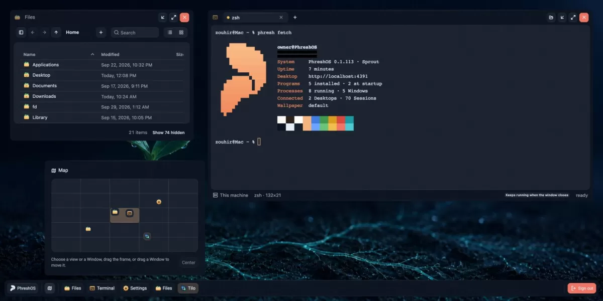 Screen view of a browser-based desktop interface running self-hosted web applications