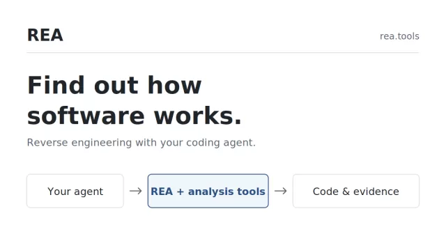 Illustration of a coding agent examining lines of program code on a screen with REA reverse engineering tools