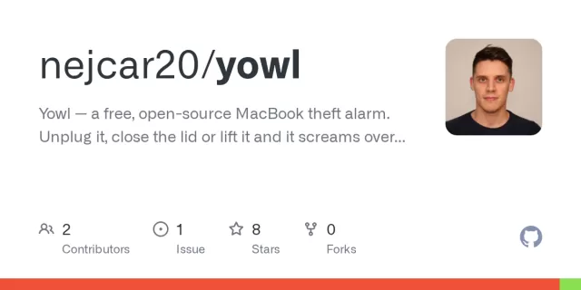 An open MacBook resting on a café table with the Yowl shield icon visible in the macOS menu bar